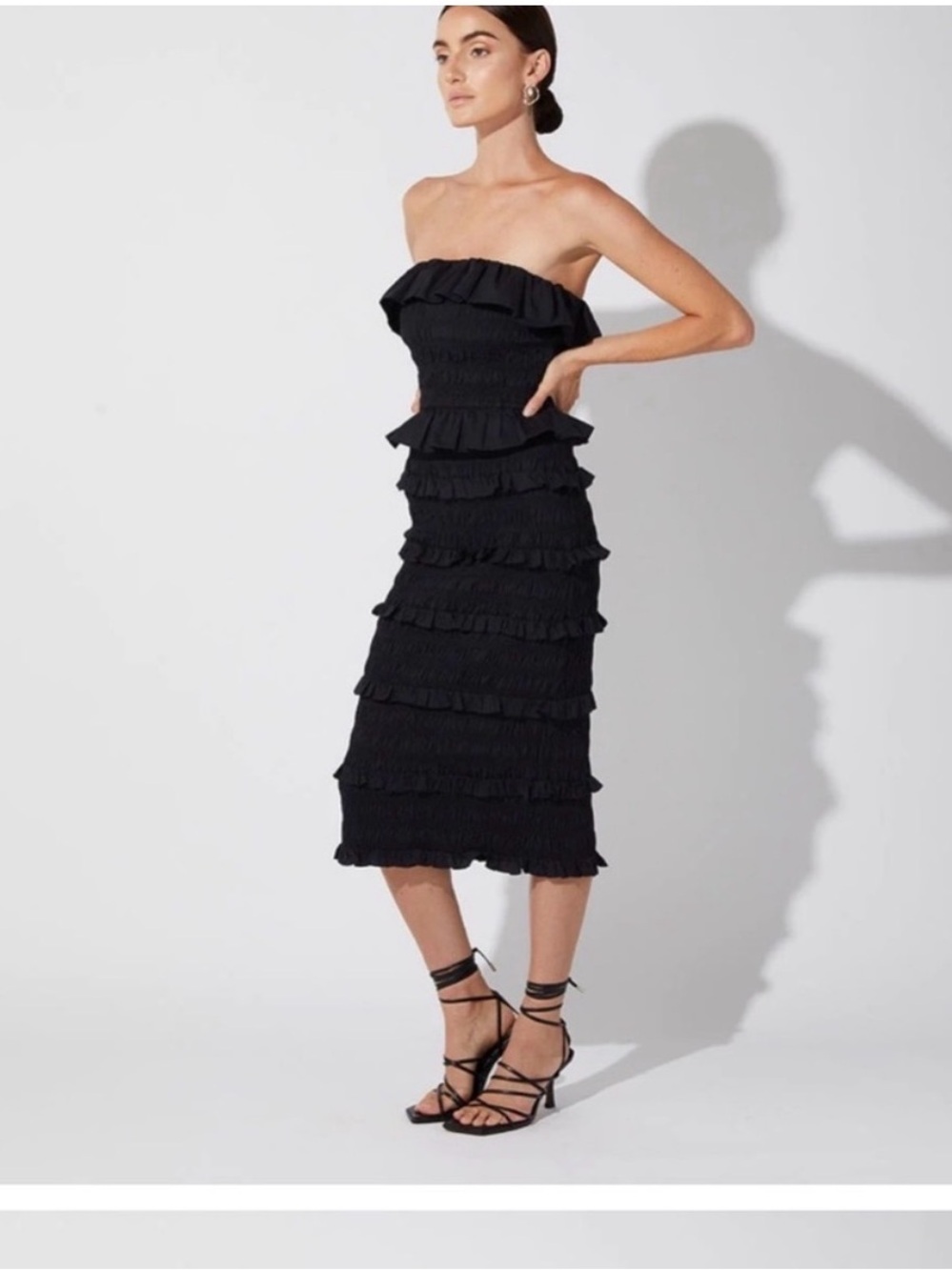 Cleobella Elodi Black Strapless Smocked Ruffle Midi Dress